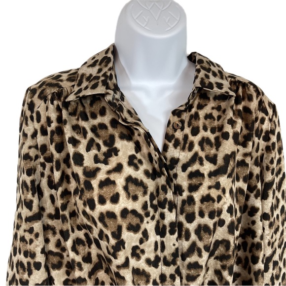 ODDI Leopard Print High-Low Tie Front Top Blouse M Tan Brown Roll Tab Sleeve - Picture 2 of 8